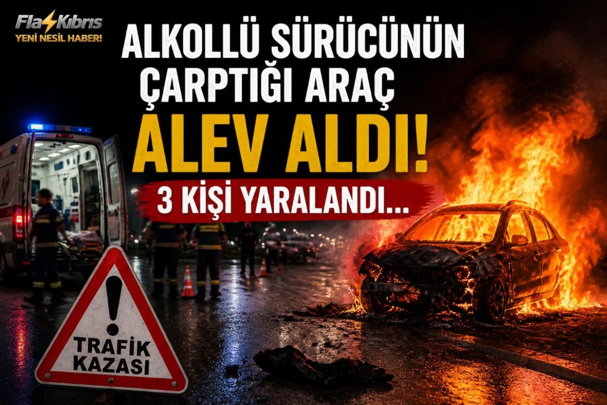 Alkollü sürücünün çarptığı araç alev aldı